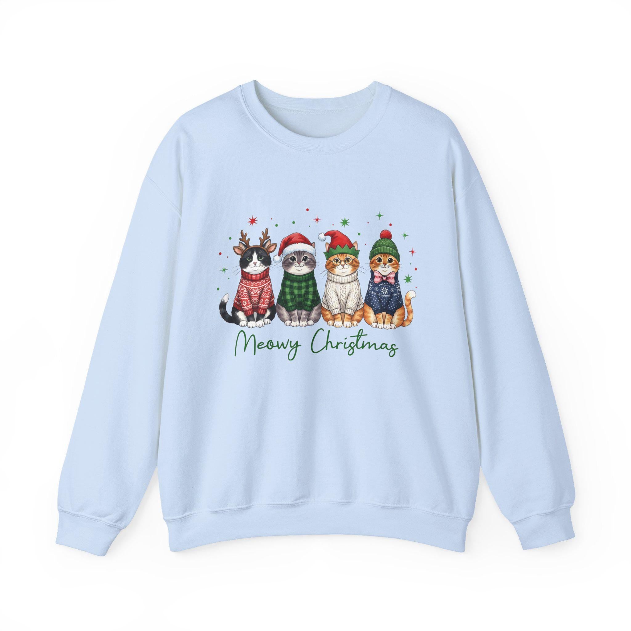 Meowy Christmas Sweatshirt, Funny Cat Christmas Sweater, Cat Mom Holiday Shirt, Christmas Cat Crewneck, Cute Cat Lover Gift, Xmas Sweatshirt
