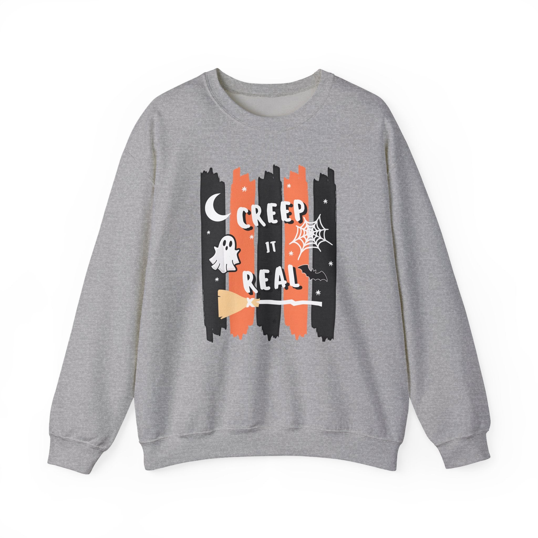 Creep It Real Halloween Sweatshirt, Funny Ghost Bat Spiderweb Crewneck, Orange Black Stripe Halloween Shirt, Cute Fall Pullover Women Gift