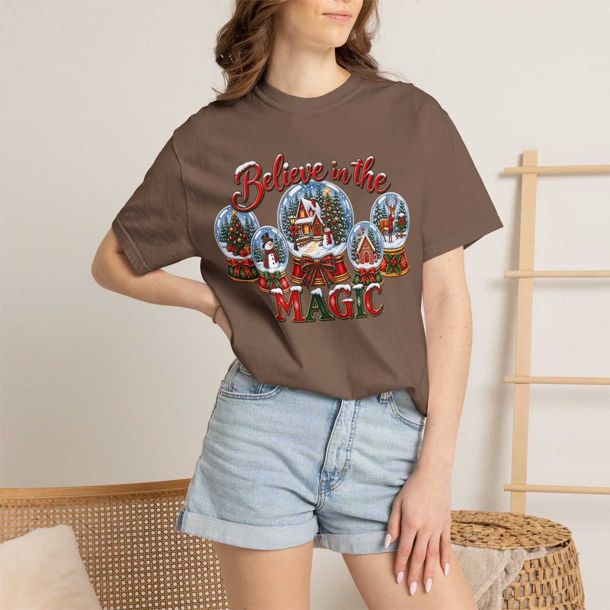 Comfort Colors Believe in the Magic Snow Globe Christmas T-shirt | Holiday Santa Village Design