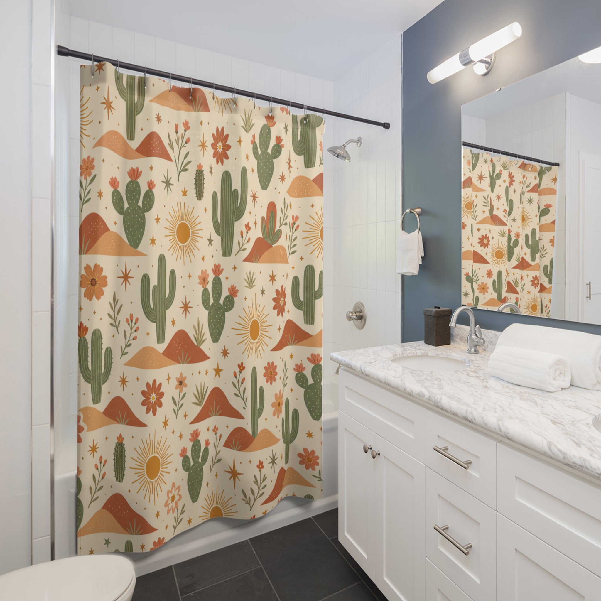 Boho Desert Cactus Shower Curtain, Terracotta Sun Mountain Bathroom Decor, Southwestern Cactus Bath Curtain, Cottagecore Desert Home Gift