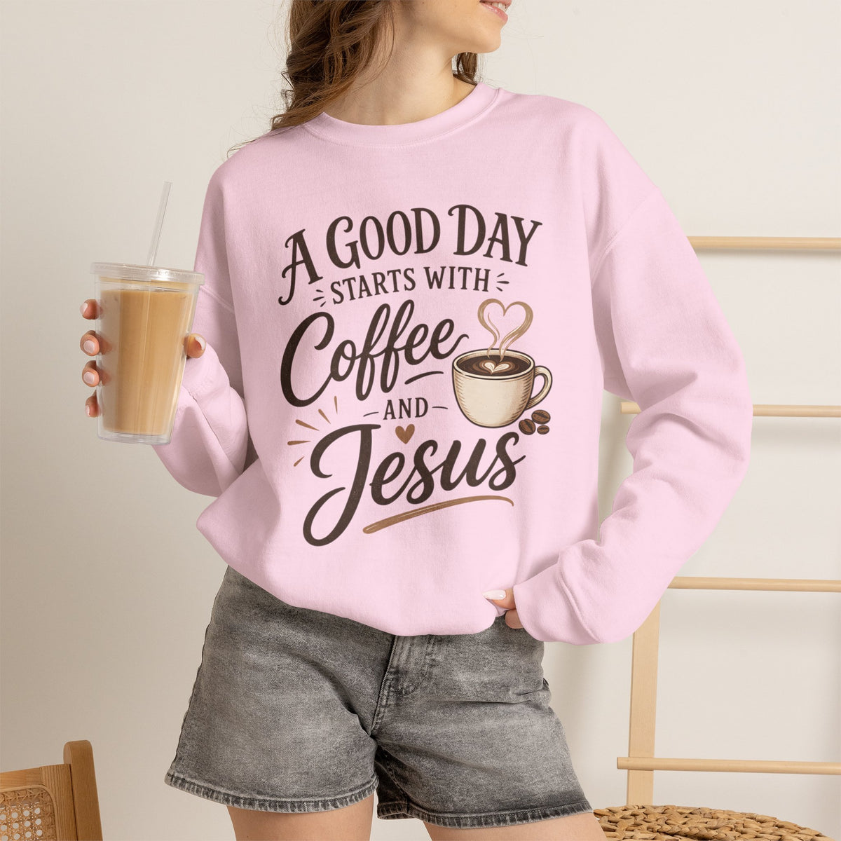 A Good Day Starts with Coffee and Jesus Shirt, Christian Coffee Sweatshirt, Faith Based Top, Religious Coffee Lover Gift, Women's Christian