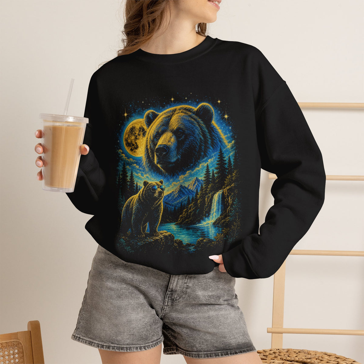 Bear Moon Forest Sweatshirt, Double Exposure Wildlife Sweatshirt, Mountain Waterfall Bear Shirt, Nature Lover Gift, Outdoor Cabin Crewneck