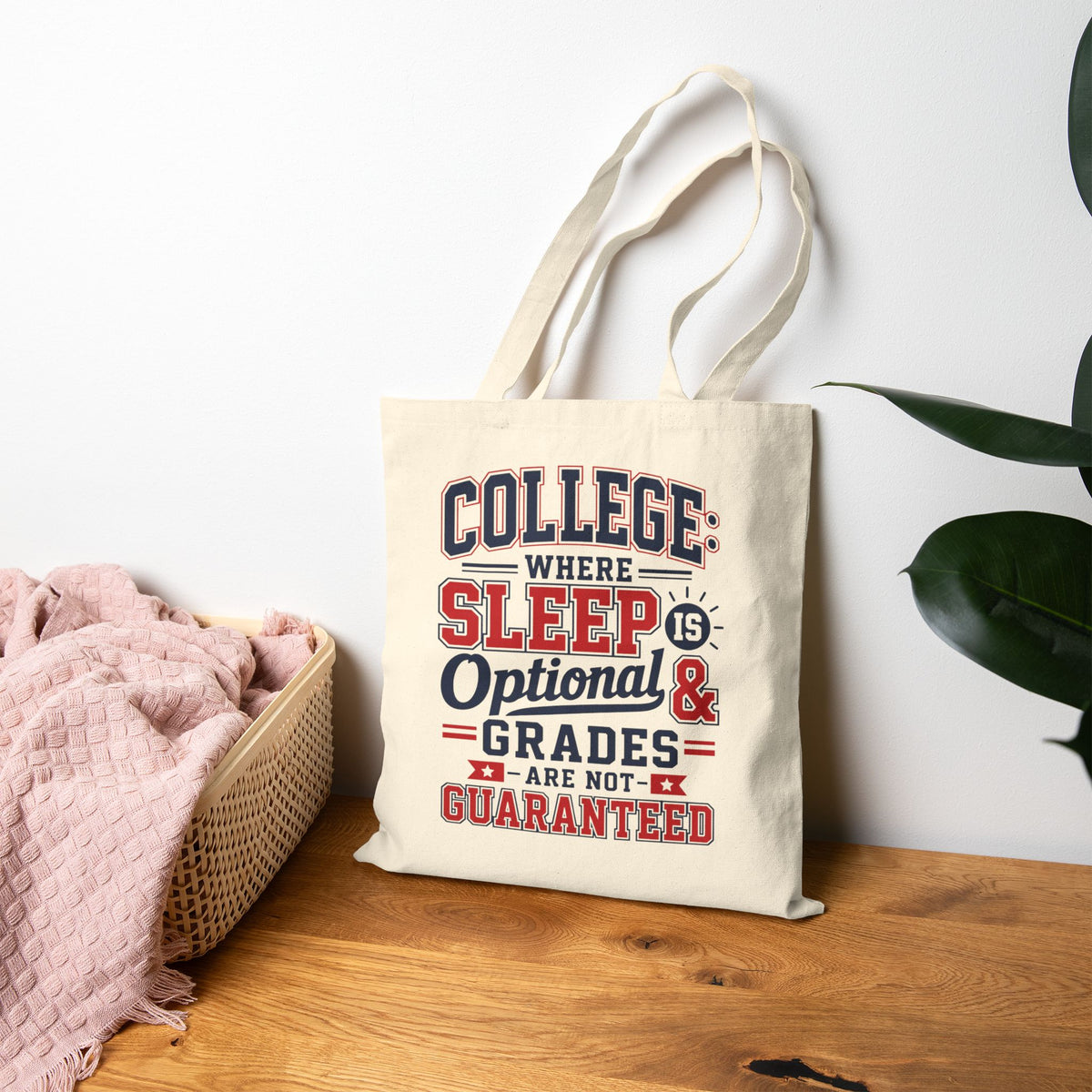 College Tote Bag, Funny Sleep Optional Grades Not Guaranteed, Canvas Tote for Students, College Humor Gift, Dorm Bag for Him Her