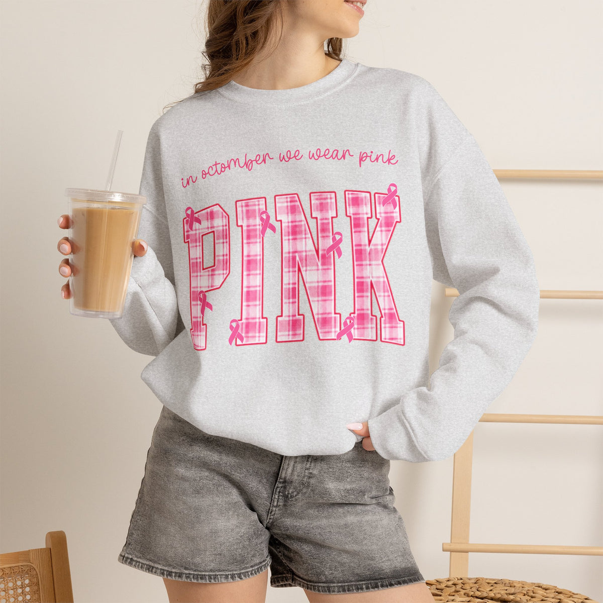 In October We Wear Pink Sweatshirt, Breast Cancer Awareness Top, Pink Plaid Design, Survivor Support Shirt, Pink Ribbon Top