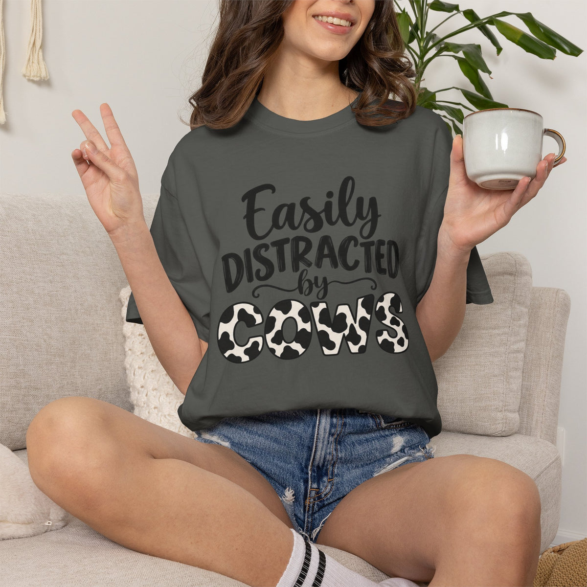 Comfort Color Easily Distracted By Cows T-Shirt, Cow Print Crewneck, Funny Farm Shirt, Cow Lover Gift, Farm Life Top, Country Girl