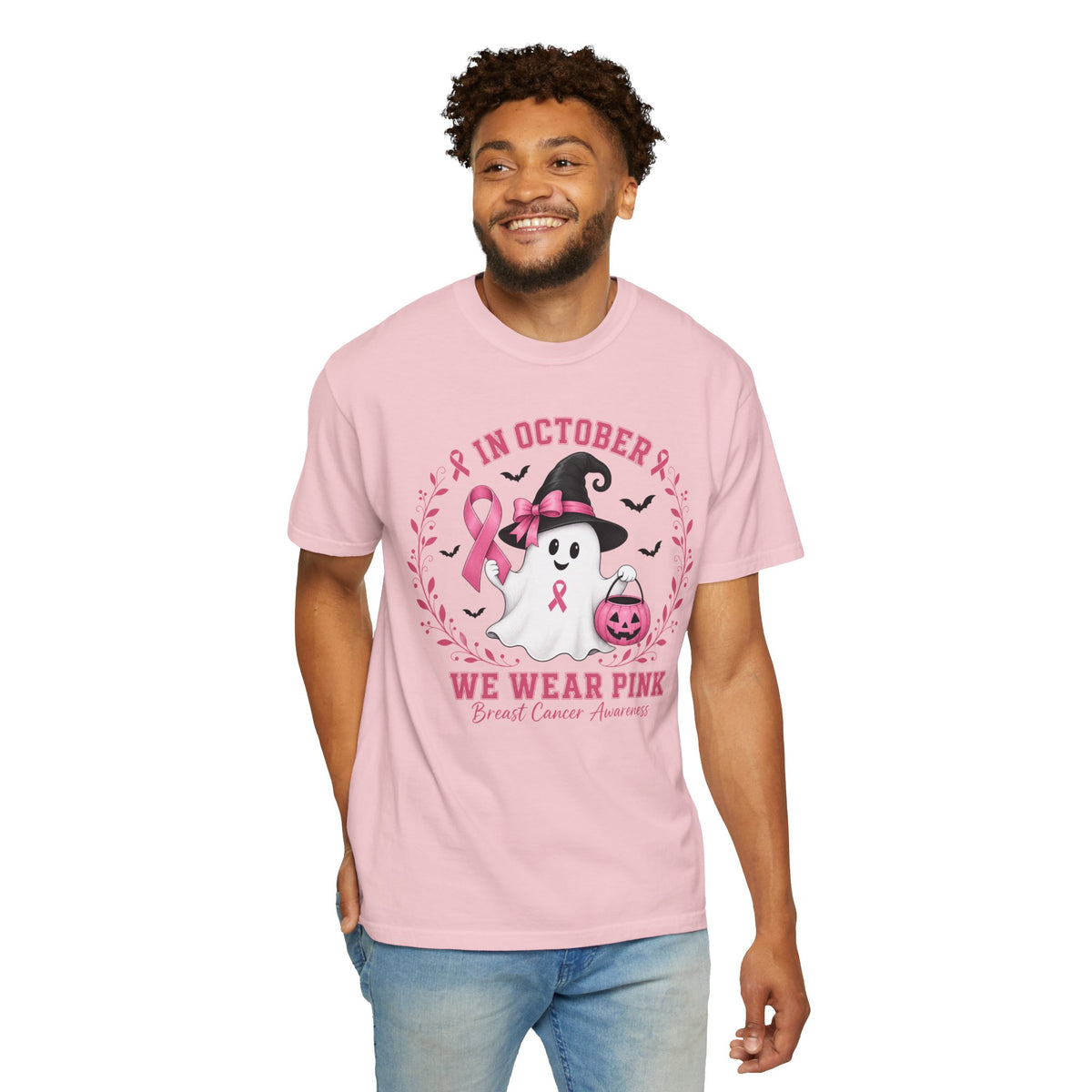 In October We Wear Pink Shirt, Breast Cancer Awareness Ghost Tee, Halloween Pink Ribbon Shirt, Cute Ghost Pumpkin Support Survivor Gift