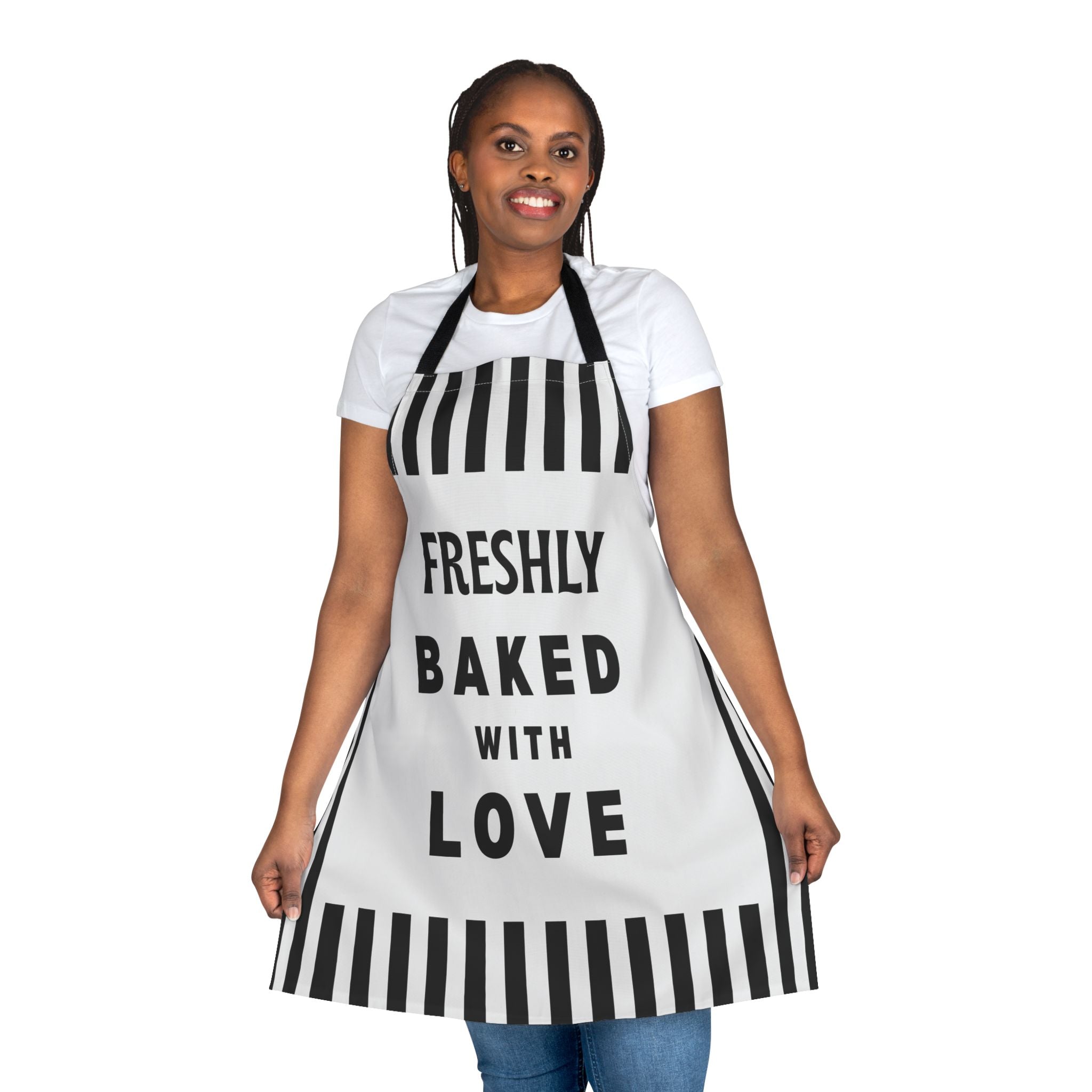 Freshly Baked With Love Apron, Black White Striped Kitchen Apron, Baker Gift, Cooking Apron, Funny Baking Apron, Chef Apron, Gift For Baker