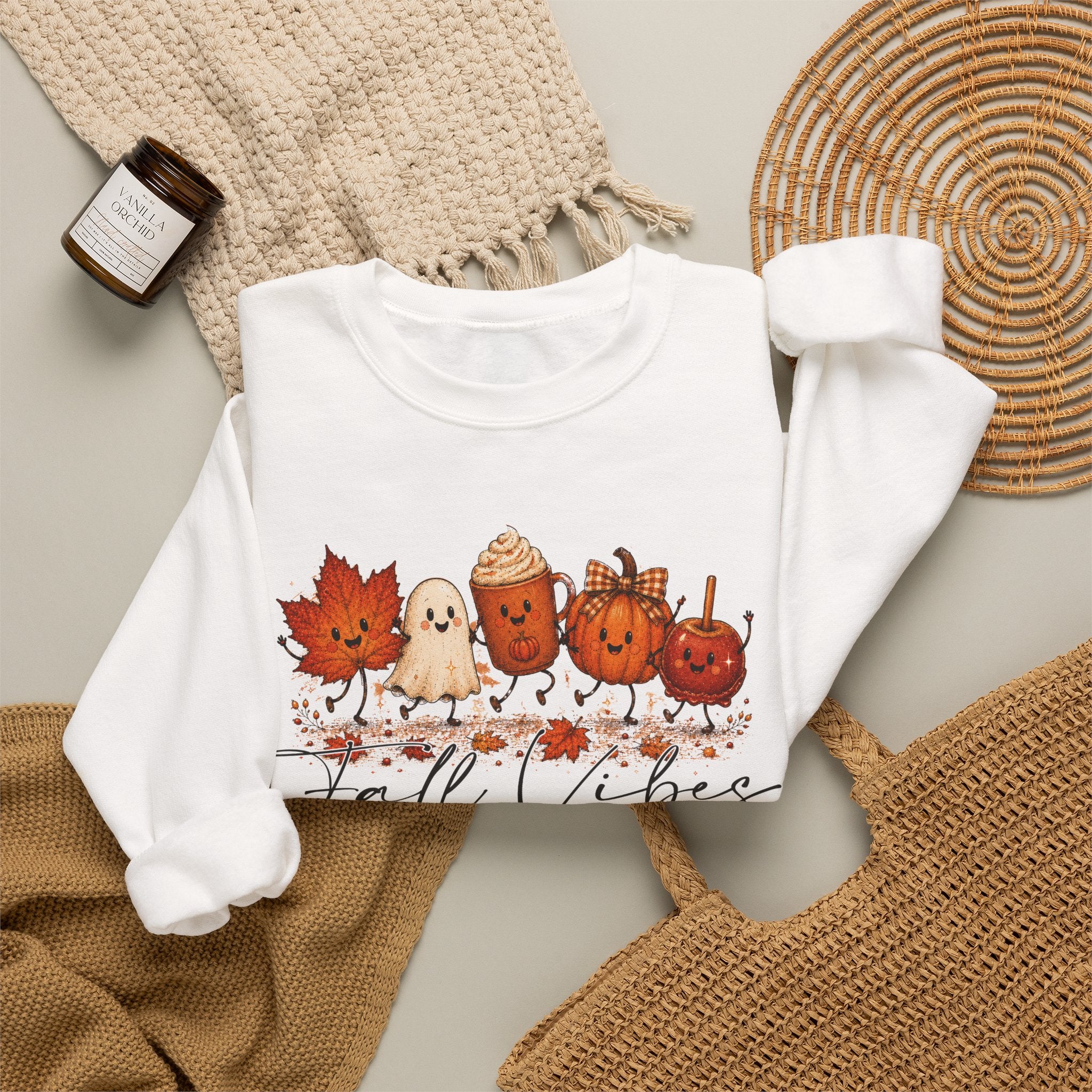 Fall Vibes Sweatshirt, Cute Autumn Characters Crewneck, Pumpkin Spice Latte Ghost Leaf Sweater, Kawaii Fall Shirt, Halloween Autumn Top