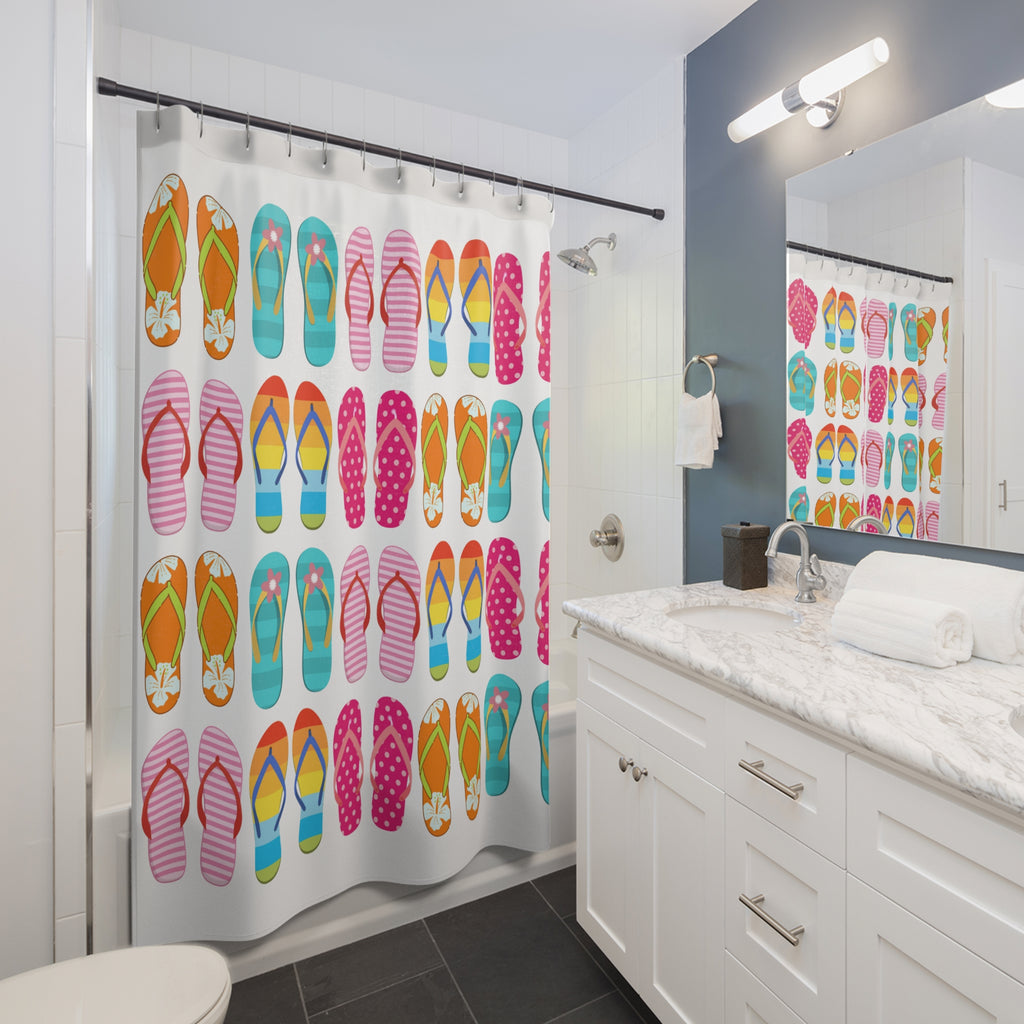 Colorful Flip Flops Pattern Shower Curtain | Beach Summer Bath Decor, Beach Vacation House Bathroom Deco, Lake House Deco, New House Gift