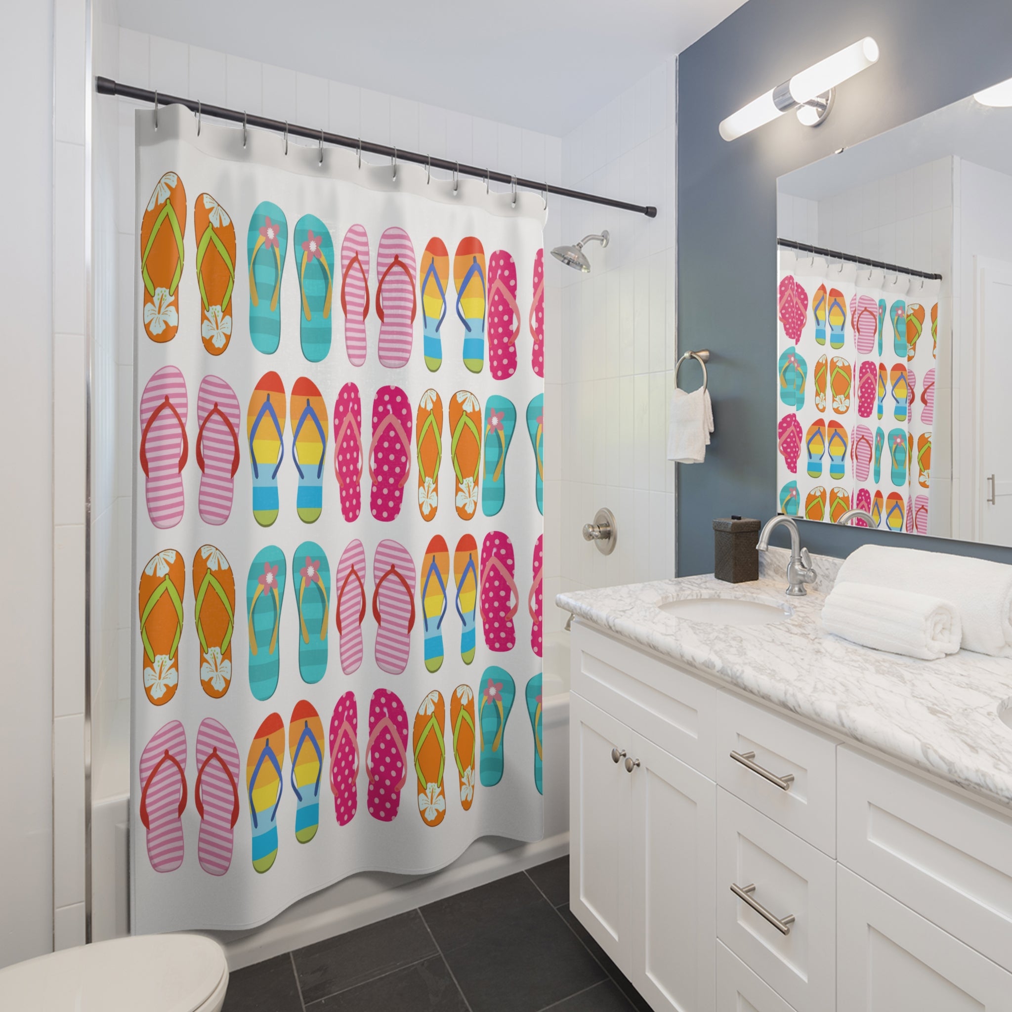 Colorful Flip Flops Pattern Shower Curtain | Beach Summer Bath Decor, Beach Vacation House Bathroom Deco, Lake House Deco, New House Gift