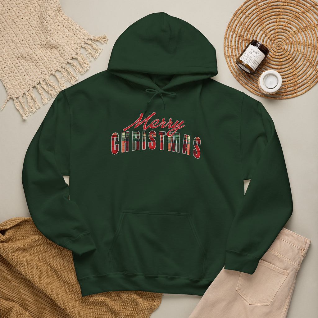 Merry Christmas Hoodie, Plaid Christmas Sweatshirt, Buffalo Plaid Holiday Hoodie, Cozy Xmas Pullover Hoodie, Women's Christmas Gift for Her