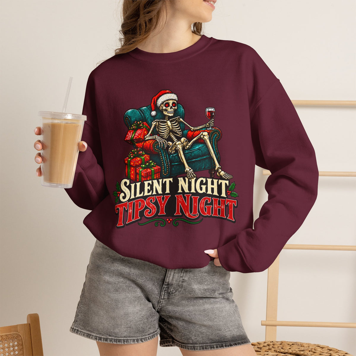 Christmas Skeleton Sweatshirt, Silent Night Tipsy Night Shirt, Funny Skeleton Santa Wine Sweatshirt, Skeleton Christmas Shirt, Holiday Tee