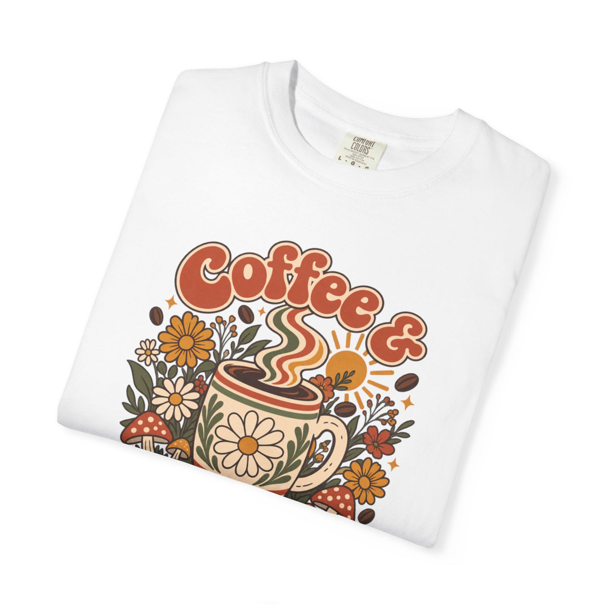 Comfort Color Retro-style Coffee & Chaos graphic T-Shirt featuring a floral coffee mug, cottagecore-inspired gift for coffee lovers