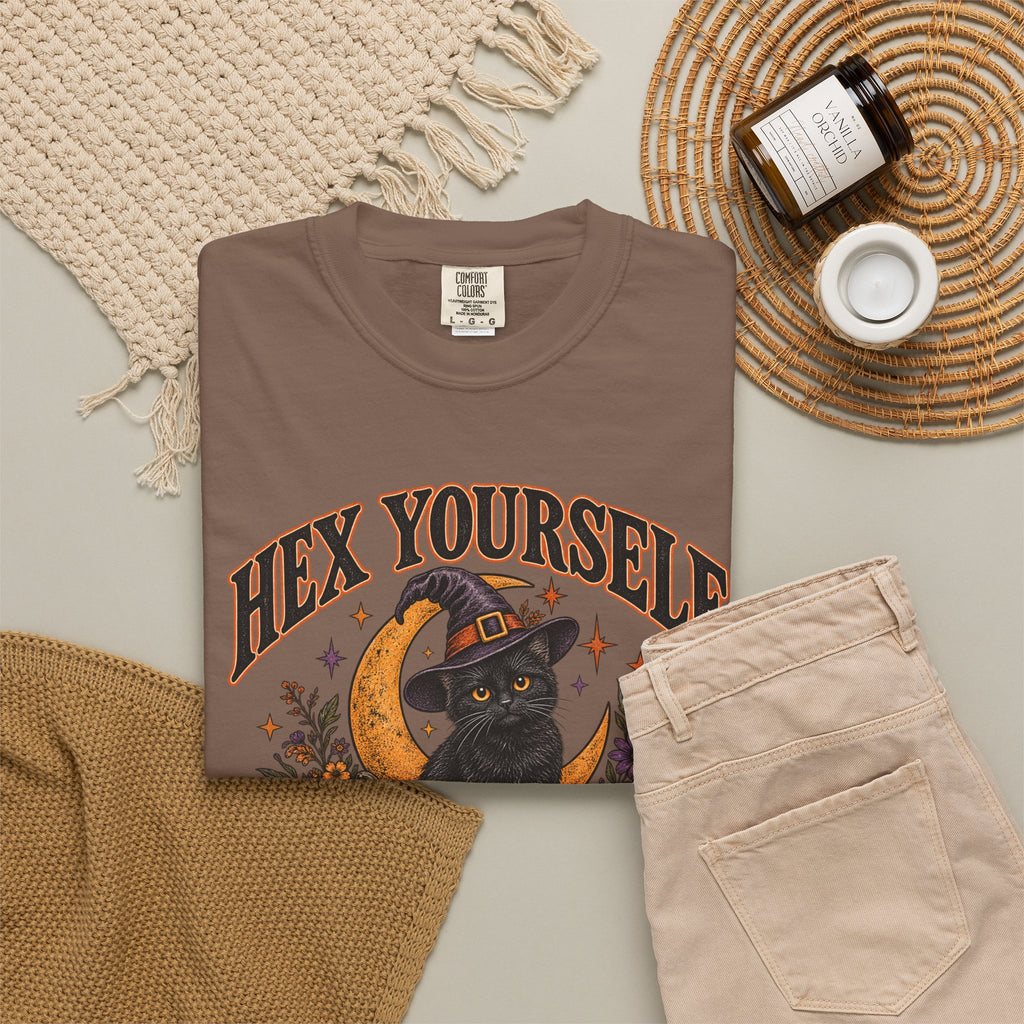 Comfort Color Hex Yourself Shirt, Spooky Season Shirt, Black Cat Witch Hat Tee, Halloween Cat Shirt, Witchy Fall Cat Lover Gift, Trendy Tee