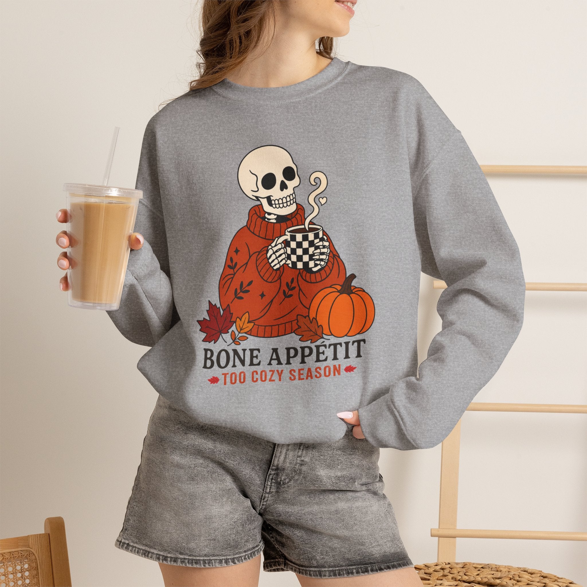 Bone Appetit Sweatshirt, Funny Skeleton Coffee Sweatshirt, Cozy Season Fall Sweater, Halloween Pumpkin Shirt, Skeleton Latte Sweatshirt