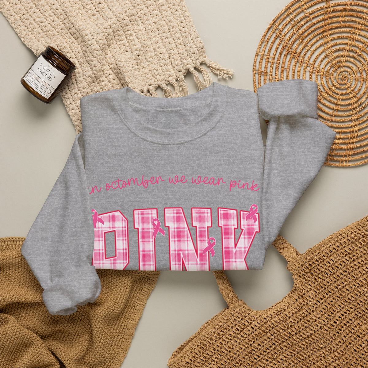 In October We Wear Pink Sweatshirt, Breast Cancer Awareness Top, Pink Plaid Design, Survivor Support Shirt, Pink Ribbon Top