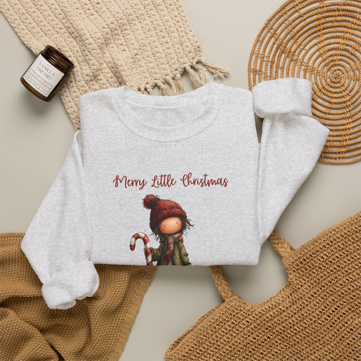 Merry Little Christmas Sweatshirt, Whimsical Girl Candy Cane Shirt, Cute Holiday Crewneck, Christmas Girl Tee, Xmas Gift Sweatshirt for Her