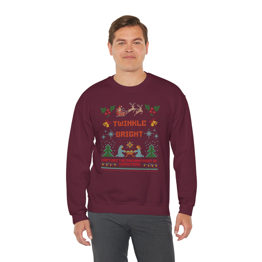 Nativity Christmas Sweatshirt, Twinkle Bright Ugly Christmas Sweater Style, Faux Cross Stitch Santa Reindeer Holiday Crewneck Gift