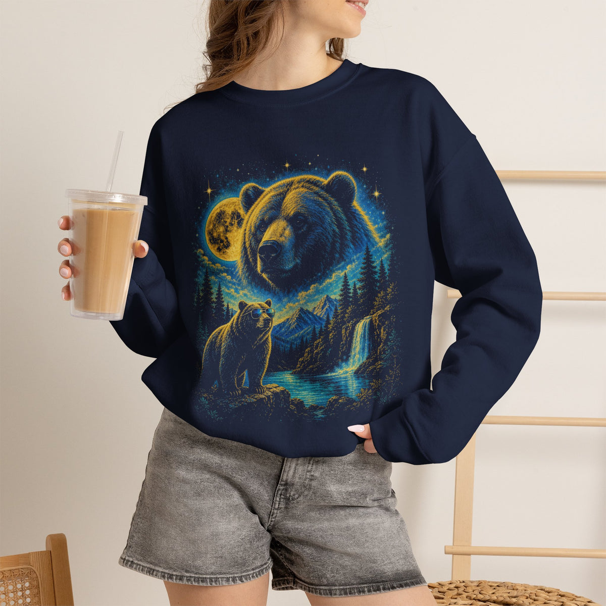 Bear Moon Forest Sweatshirt, Double Exposure Wildlife Sweatshirt, Mountain Waterfall Bear Shirt, Nature Lover Gift, Outdoor Cabin Crewneck