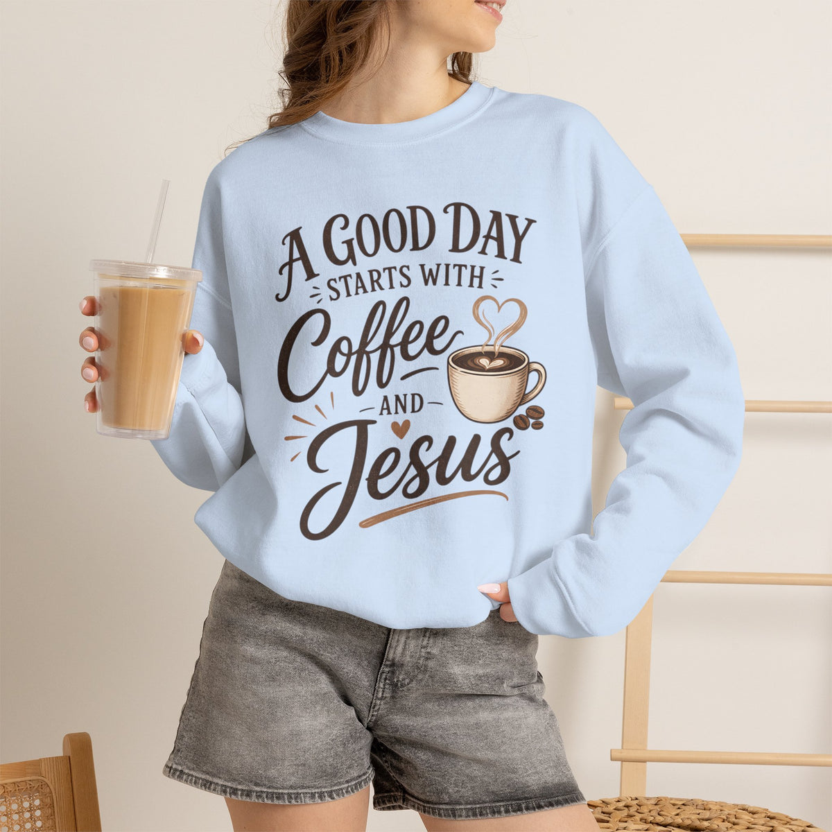 A Good Day Starts with Coffee and Jesus Shirt, Christian Coffee Sweatshirt, Faith Based Top, Religious Coffee Lover Gift, Women's Christian