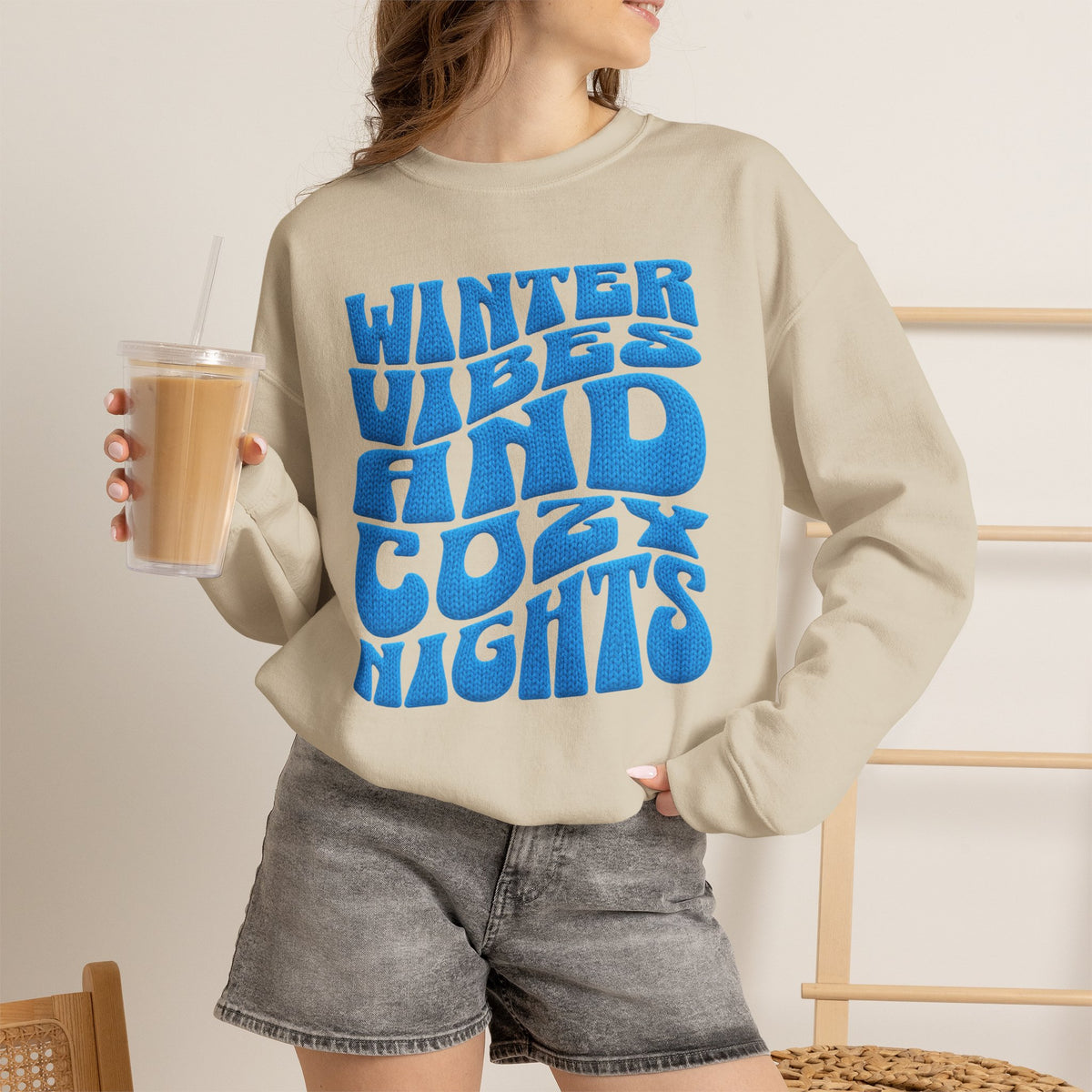 Winter Vibes And Cozy Nights Sweatshirt, Retro Wavy Bubble Letter Sweatshirt, Winter Quote Crewneck, Cozy Season Sweater, Trendy Winter Top