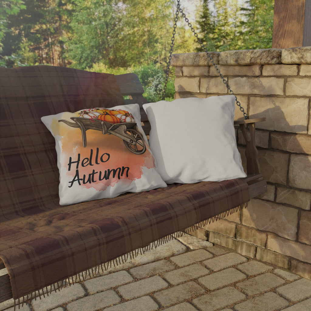 Hello Autumn Pillow Cover Pumpkin Wheelbarrow Fall Throw Pillow Watercolor Sunset Farmhouse Home Decor Thanksgiving Housewarming Gift
