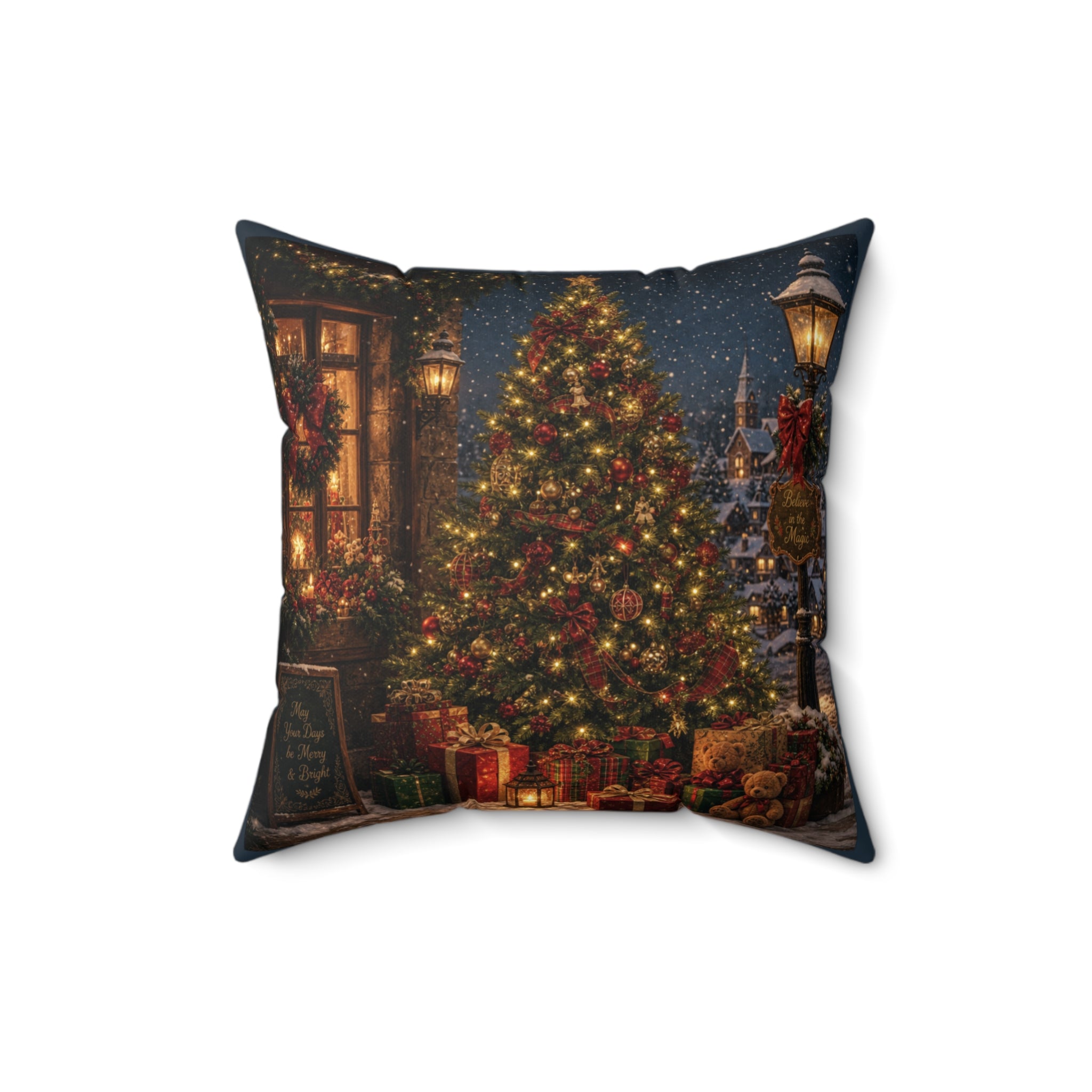 Christmas Tree Throw Pillow Cover, Vintage Holiday Village Night Scene Pillow Case, Nostalgic Xmas Decor, Cozy Winter Cushion Cover Gift