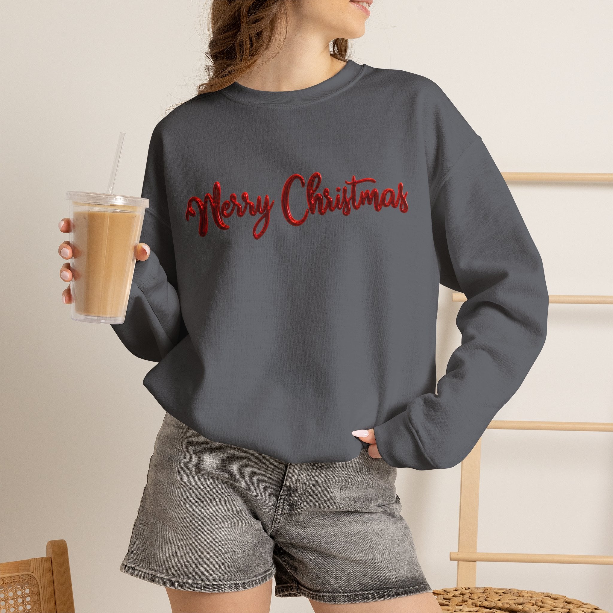 Merry Christmas Sweatshirt, Green Crewneck with Red Metallic Script Font, Christmas Shirt, Holiday Sweater, Xmas Gift for Her, Gift for Him