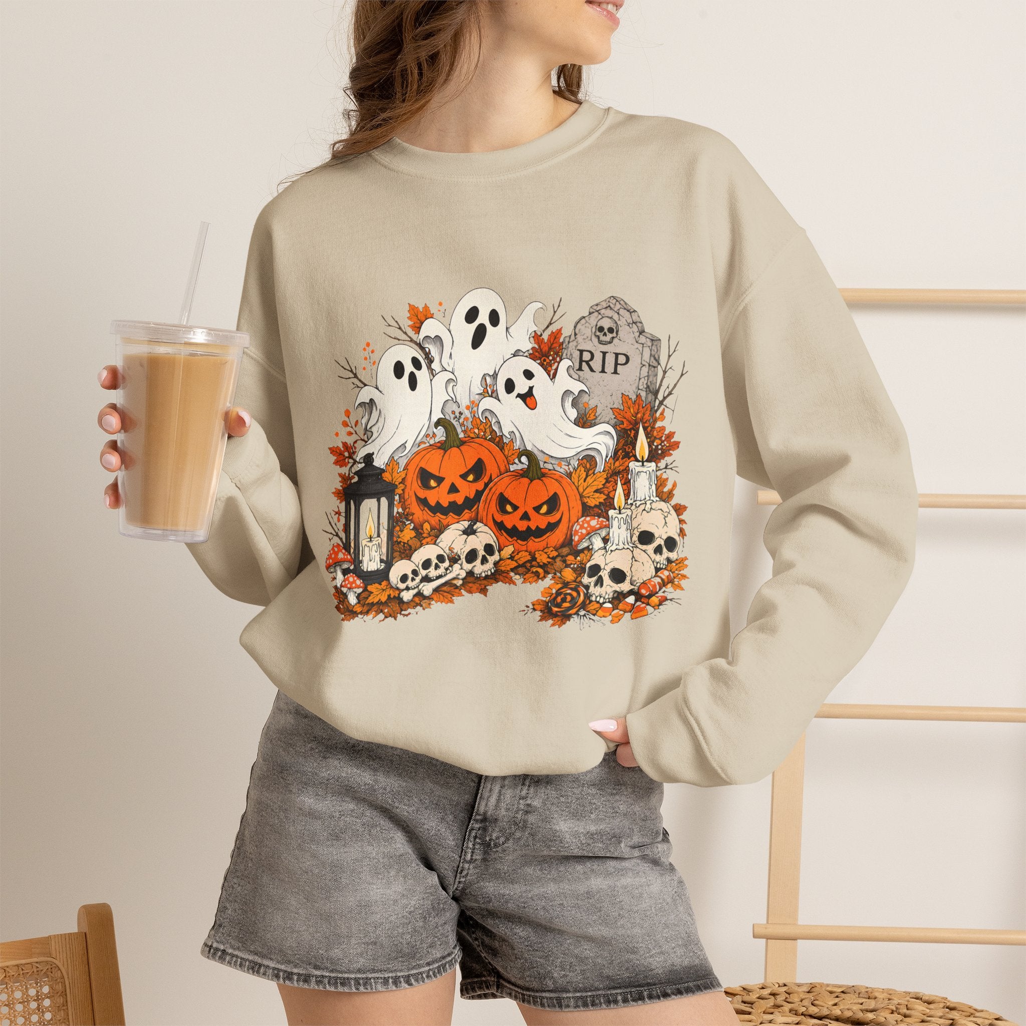 Halloween Ghost Pumpkin Sweatshirt, Spooky Graveyard Skull Crewneck, RIP Tombstone Ghost Sweater, Fall Halloween Shirt, Cute Ghost Gift