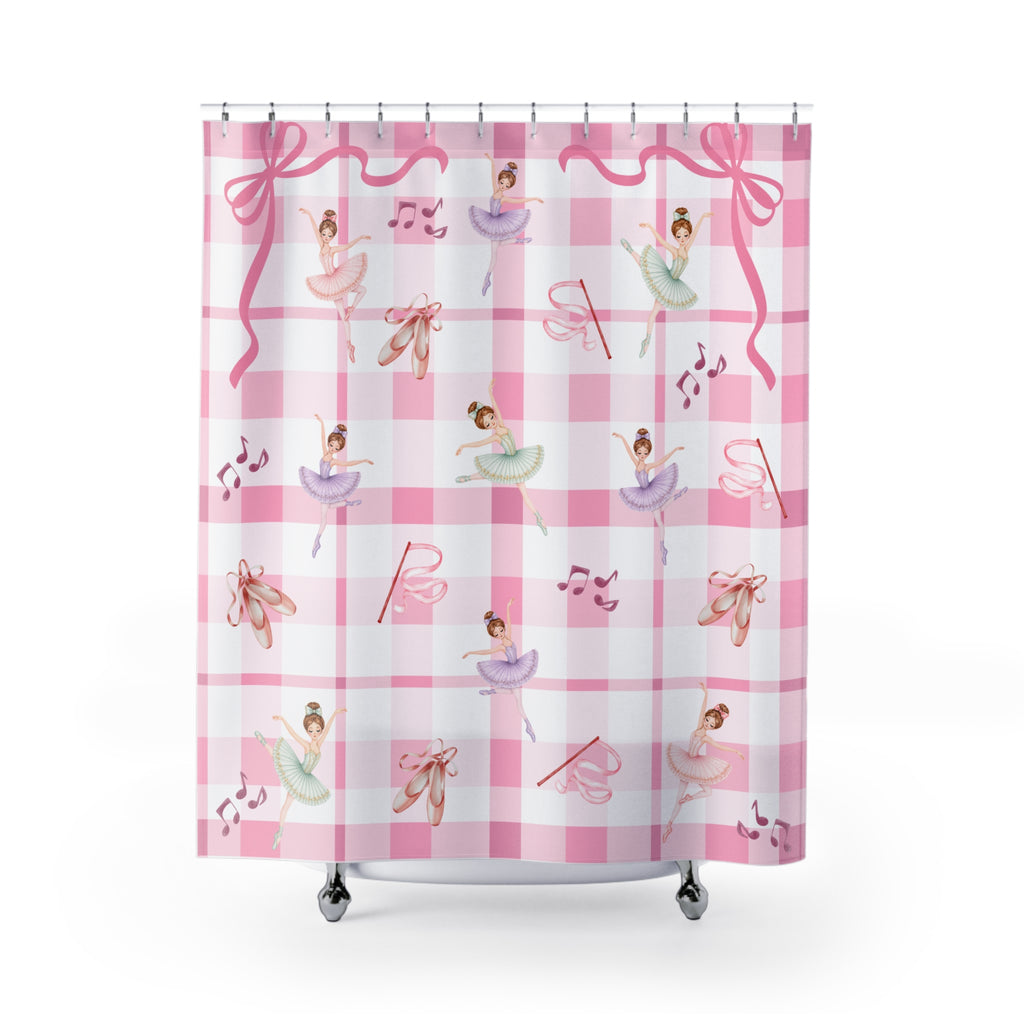 Ballerina Shower Curtain, Pink Gingham Ballet Bathroom Decor, Girls Bathroom Coquette Bow Dance Studio Gift, Pink Plaid Kids Bath Decor