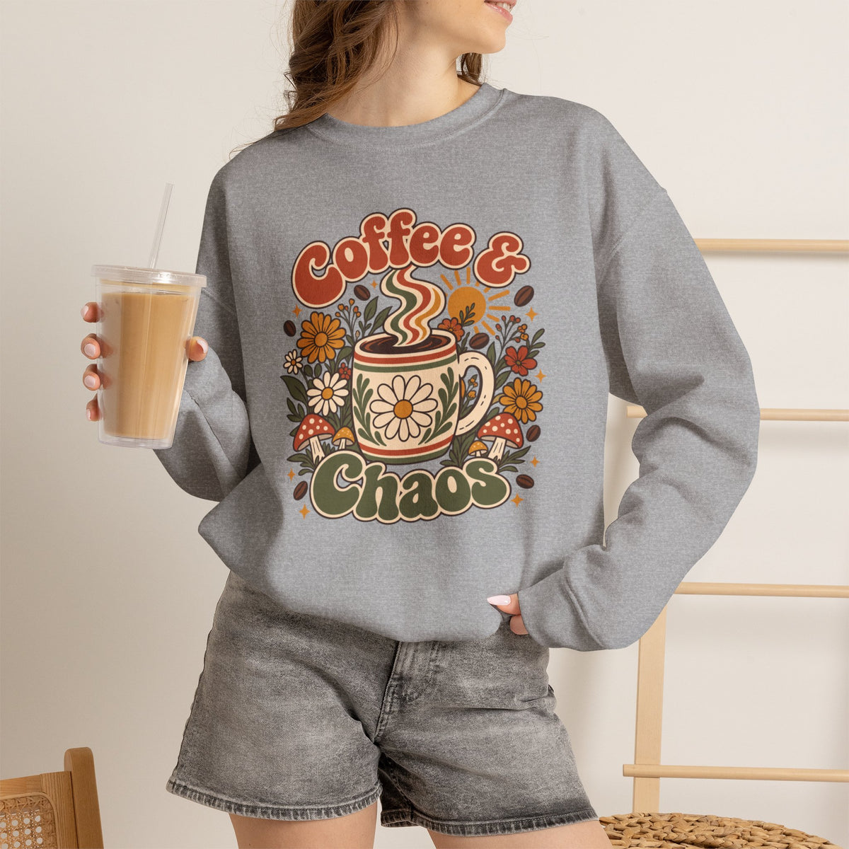 Coffee & Chaos Sweatshirt, Retro Floral Coffee Mug Shirt, Wildflower Mushroom Graphic Tee, Trendy Coffee Lover Gift, Cottagecore Crewneck