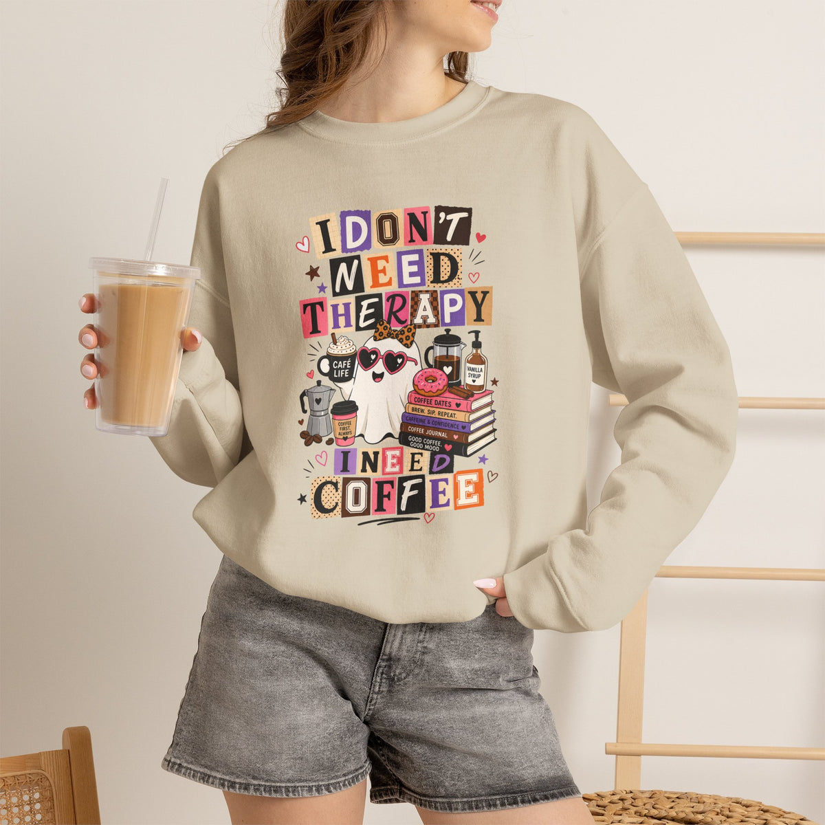 I Don't Need Therapy I Need Coffee Shirt, Funny Ghost Coffee Lover Tee, Halloween Coffee Shirt, Cute Spooky Season Graphic Tee Gift