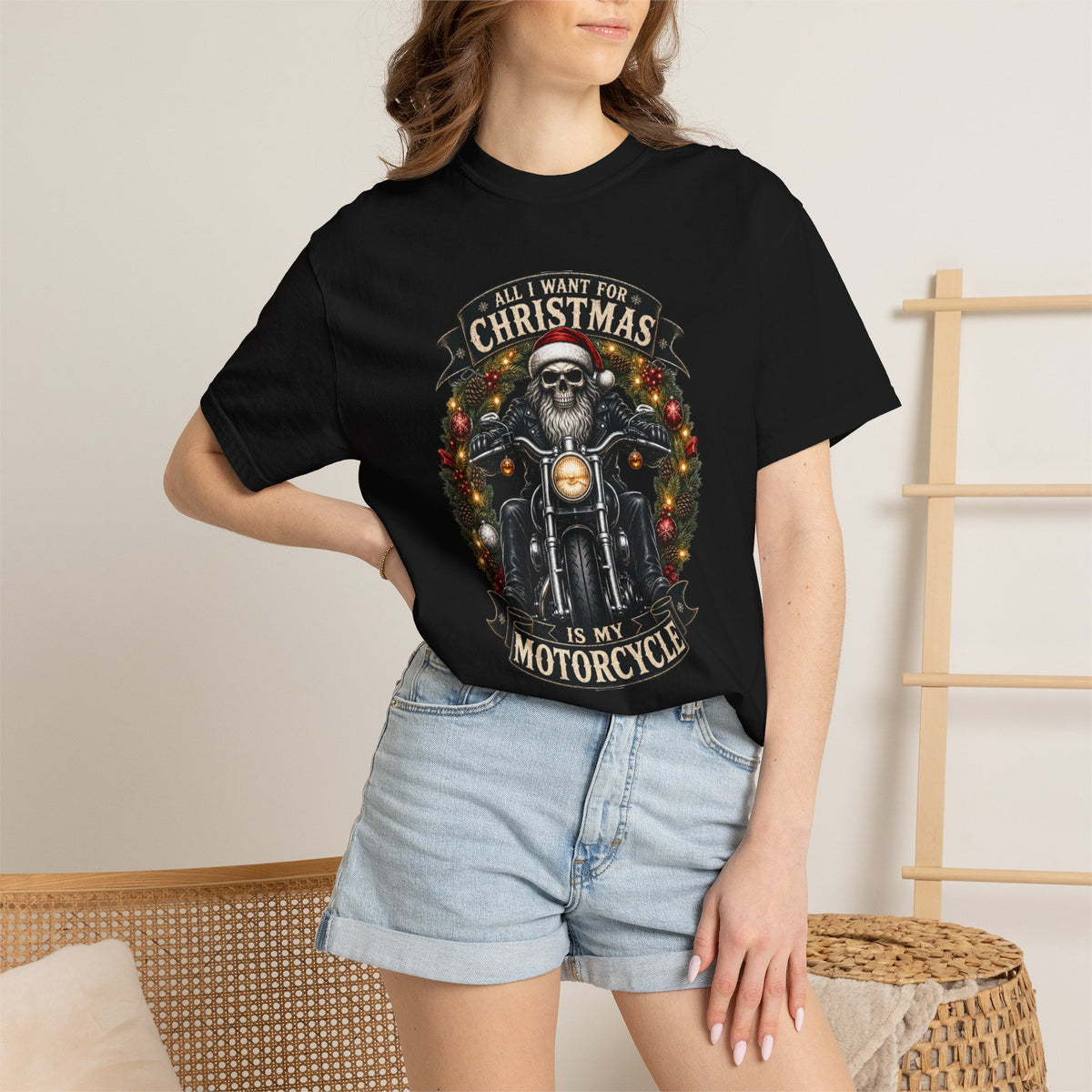 Comfort Colors Skeleton Biker Christmas T-shirt, All I Want for Christmas Is My Motorcycle Shirt, Santa Skull Motorcycle Top, Gift for Biker