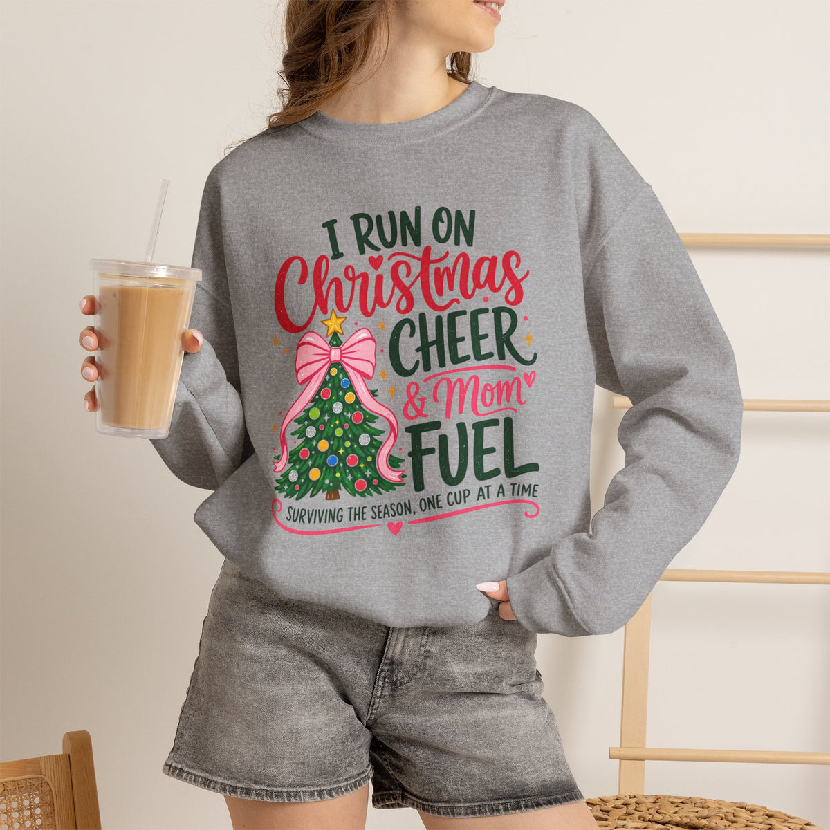 Christmas Mom Sweatshirt, I Run On Christmas Cheer And Mom Fuel, Funny Holiday Shirt, Coffee Lover Mom Gift, Xmas Tree Crewneck