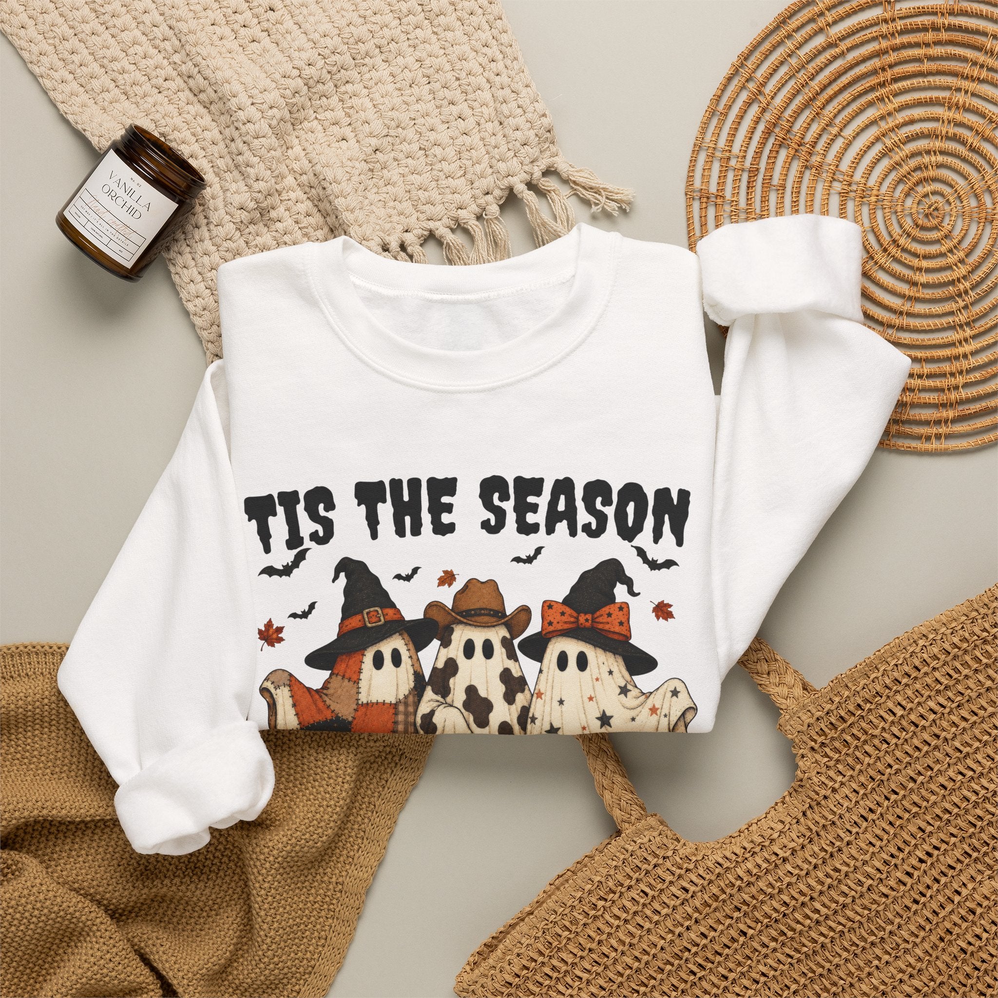 Tis The Season Ghost Sweatshirt, Halloween Ghost Crewneck, Witch Hat Ghost Shirt, Cow Print Plaid Ghost Sweater, Fall Halloween Top