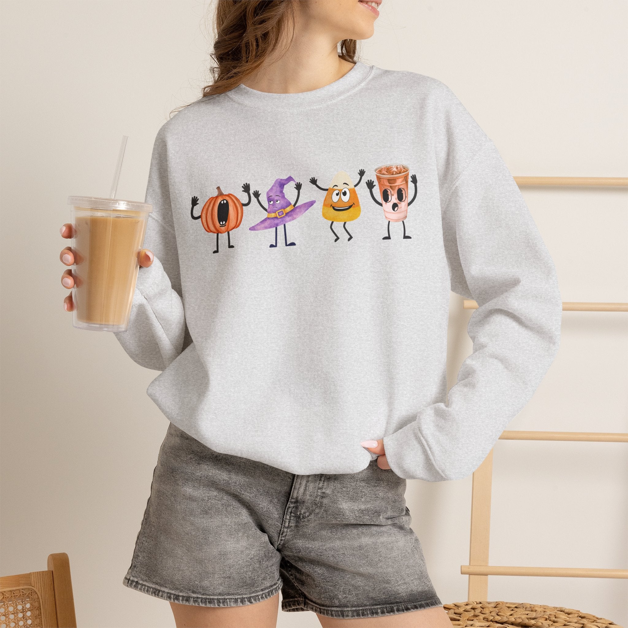 Halloween Sweatshirt Women Dancing Pumpkin Candy Corn Witch Hat Iced Coffee Crewneck Fall Fun Cute Halloween Party Shirt Gift
