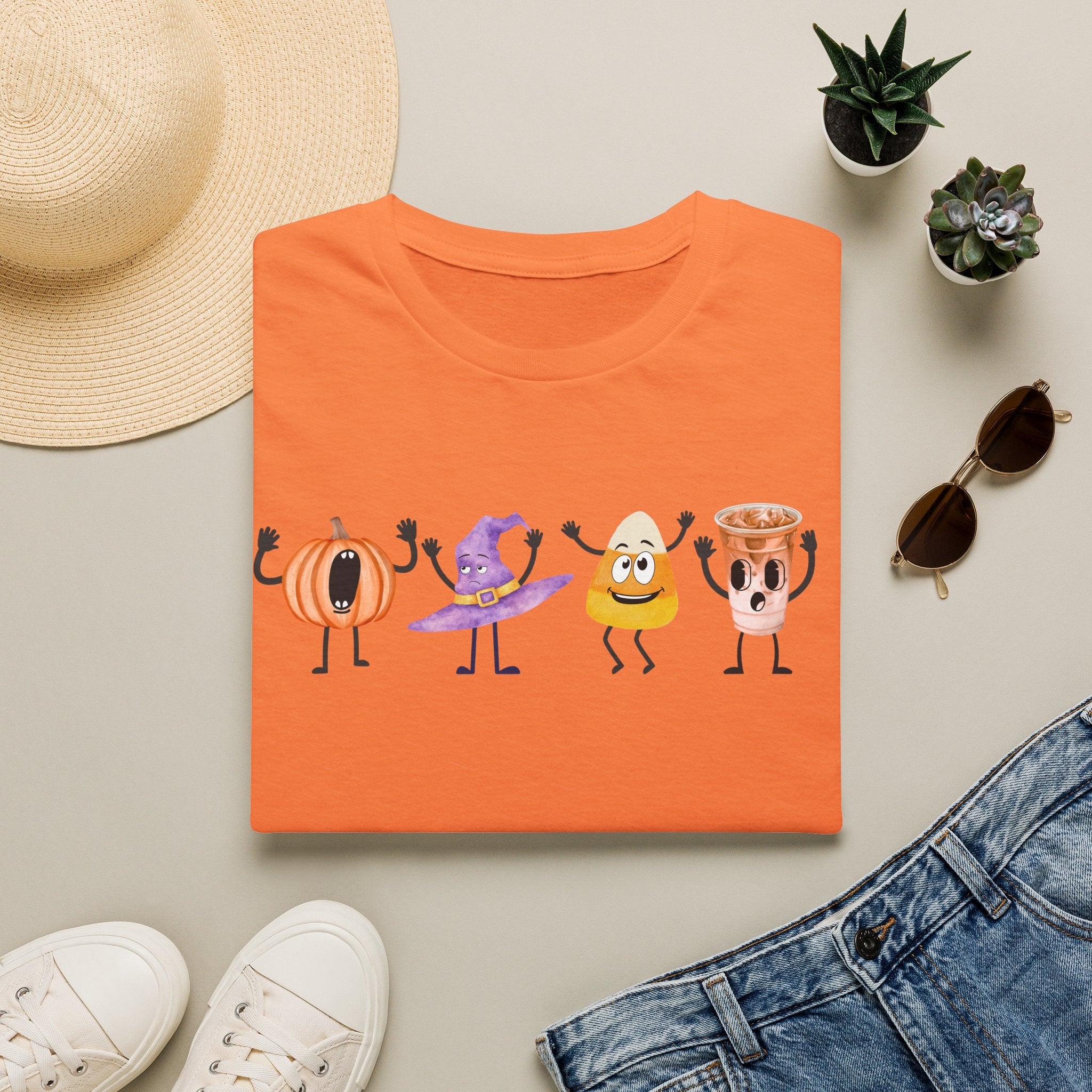 Halloween Women T-shirt Dancing Pumpkin Candy Corn Witch Hat Iced Coffee Crewneck Fall Fun Cute Halloween Party Shirt Gift