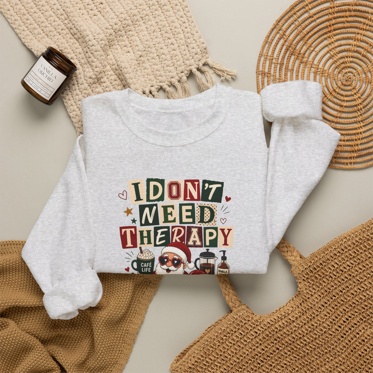 Christmas Sweatshirt I Don't Need Therapy I Need Coffee Funny Santa Coffee Lover Shirt Xmas Plaid Retro Holiday Gift for Women