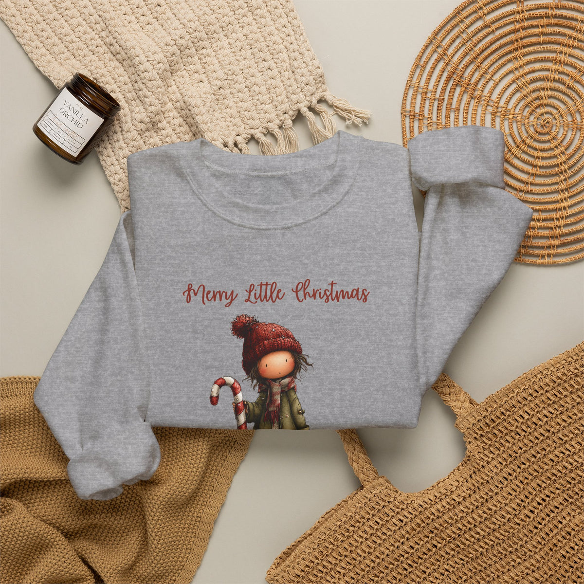 Merry Little Christmas Sweatshirt, Whimsical Girl Candy Cane Shirt, Cute Holiday Crewneck, Christmas Girl Tee, Xmas Gift Sweatshirt for Her