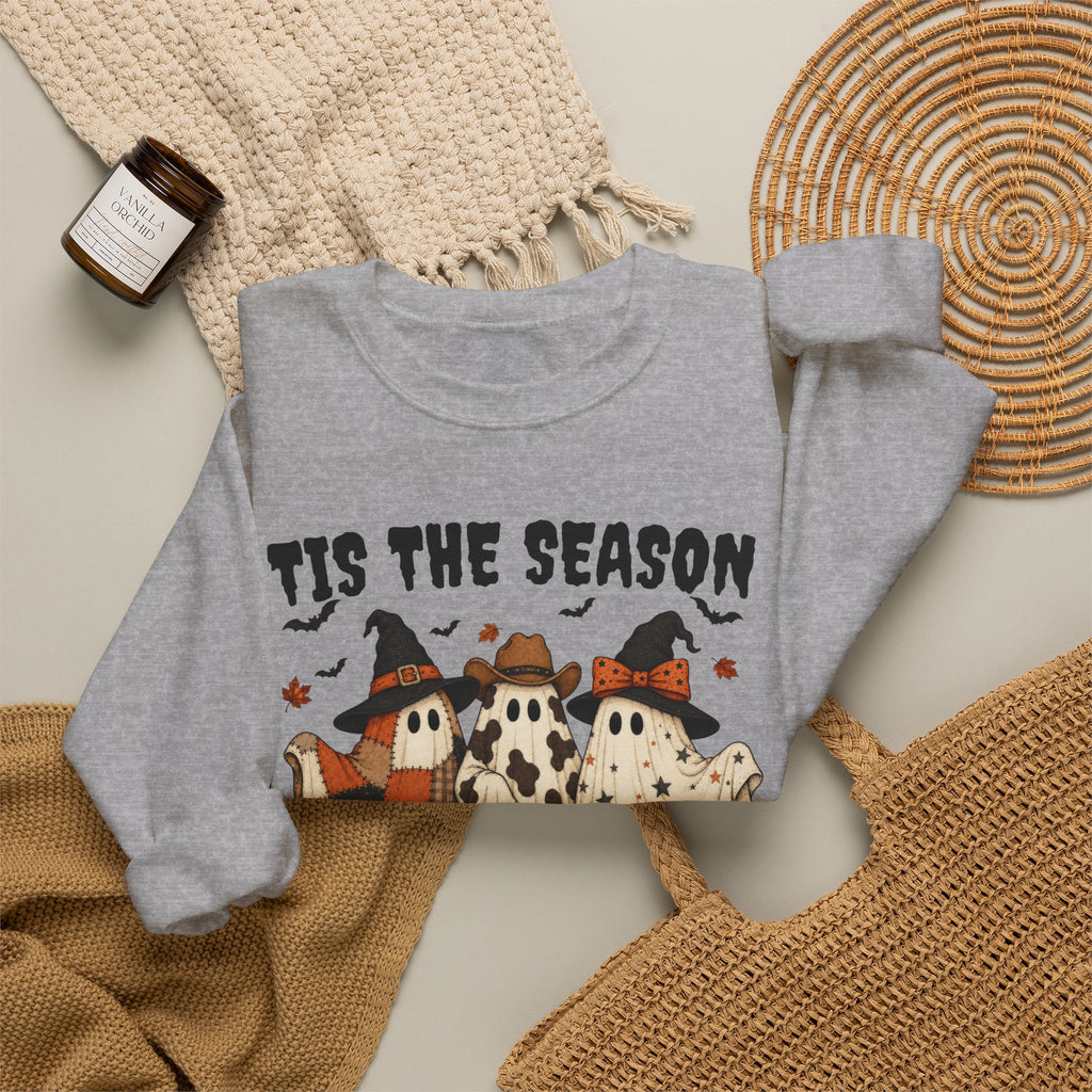 Tis The Season Ghost Sweatshirt, Halloween Ghost Crewneck, Witch Hat Ghost Shirt, Cow Print Plaid Ghost Sweater, Fall Halloween Top