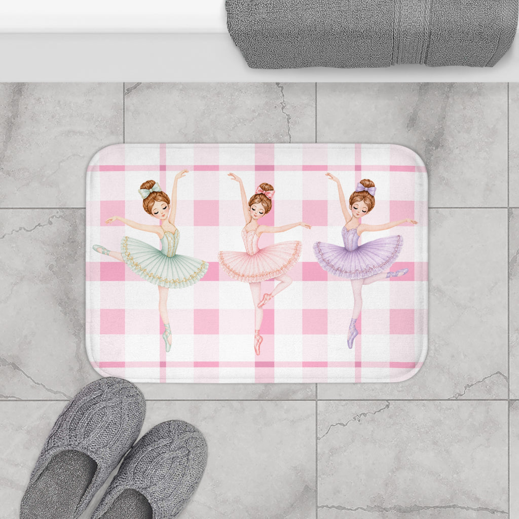 Ballerina Bath Mat, Pink Gingham Ballet Bathroom Rug, Girls Coquette Bathroom Decor, Dance Studio Gift, Pink Plaid Kids Bath Mat Nursery