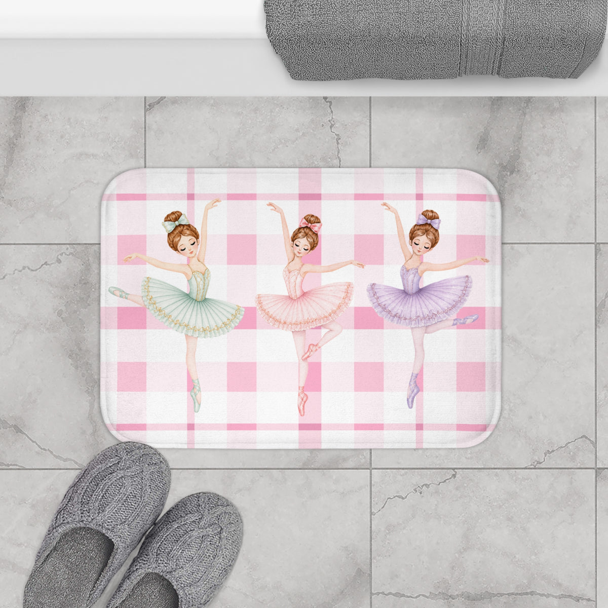 Ballerina Bath Mat, Pink Gingham Ballet Bathroom Rug, Girls Coquette Bathroom Decor, Dance Studio Gift, Pink Plaid Kids Bath Mat Nursery