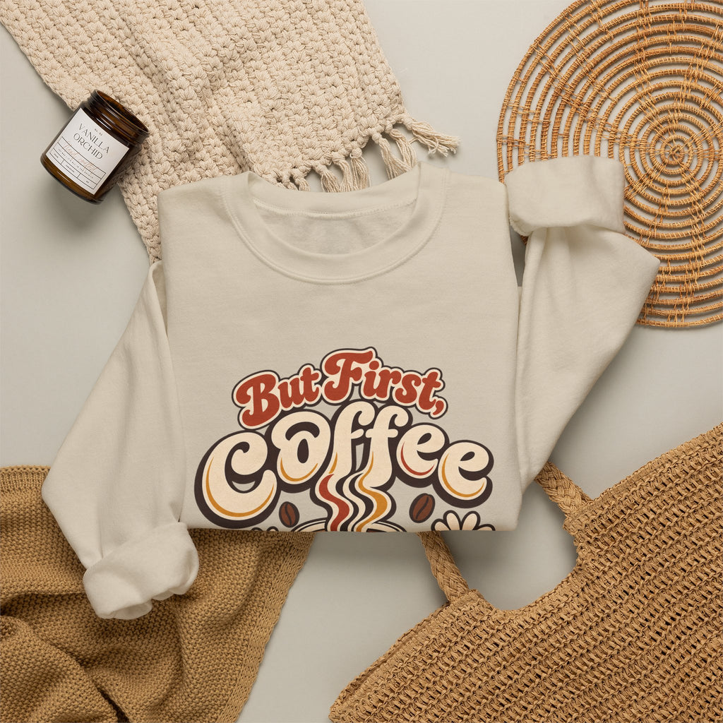 But First Coffee Shirt, Retro Checkered Mug Daisy Sweatshirt, Groovy Coffee Lover Tee, Trendy Coffee Shirt, Retro Floral Coffee Gift Shirt