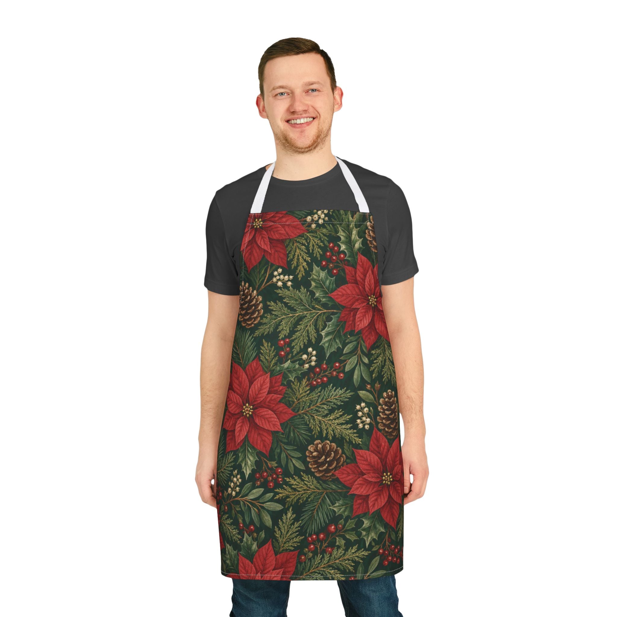 Christmas Apron Poinsettia Pine Cone Print, Red Green Holiday Kitchen Apron Women, Farmhouse Christmas Cooking Baking Gift Idea