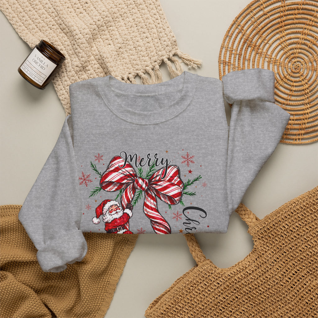 Merry Christmas Sweatshirt, Santa Bow Candy Cane Sweatshirt, Christmas Snowflake Sweatshirt, Womens Holiday Sweatshirt, Christmas Gift