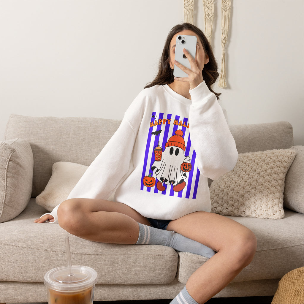 Boo Ghost Halloween Sweatshirt, Cute Ghost Pumpkin Striped Crewneck, Witch Hat Ghost Shirt, Fall Halloween Sweater, Halloween Gift