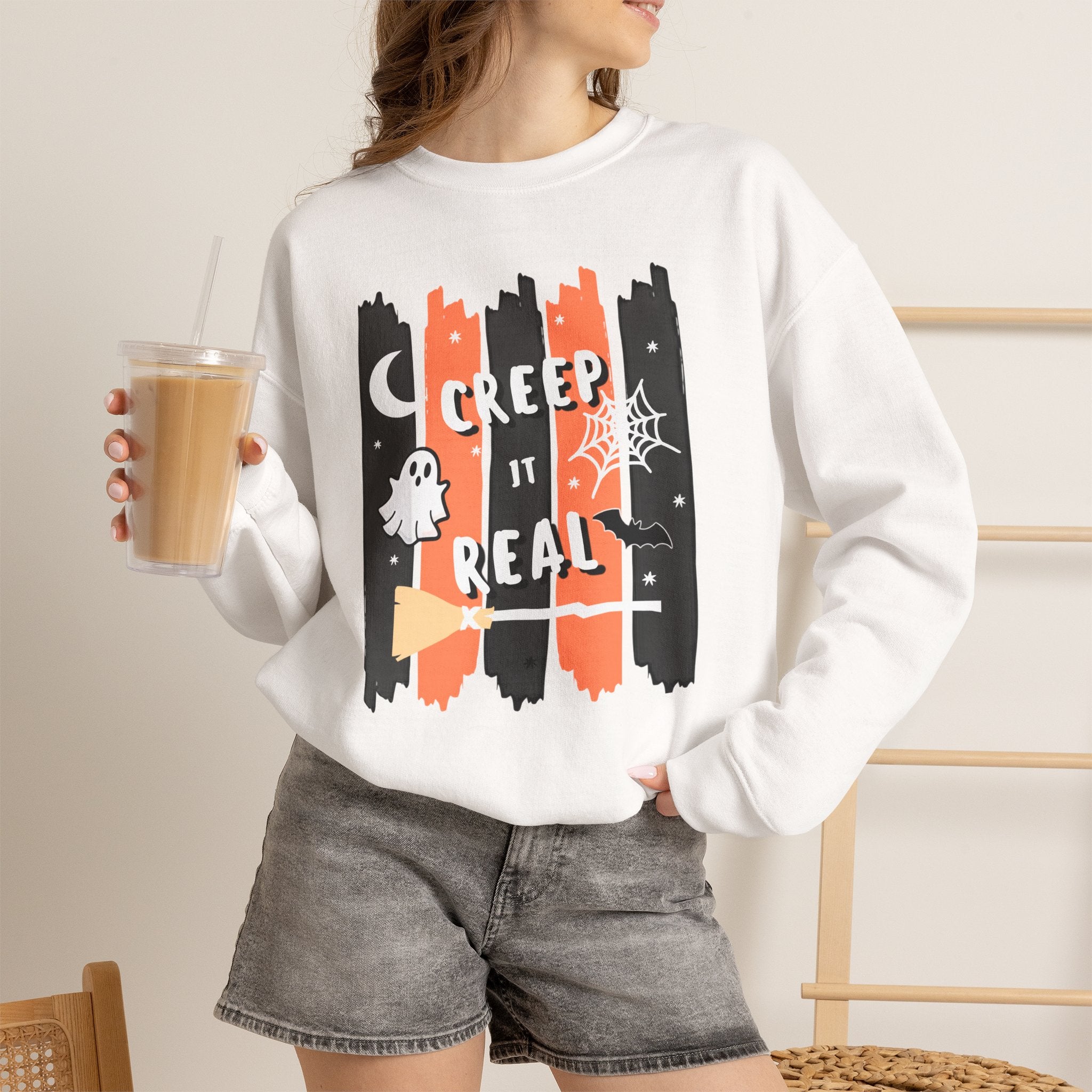 Creep It Real Halloween Sweatshirt, Funny Ghost Bat Spiderweb Crewneck, Orange Black Stripe Halloween Shirt, Cute Fall Pullover Women Gift