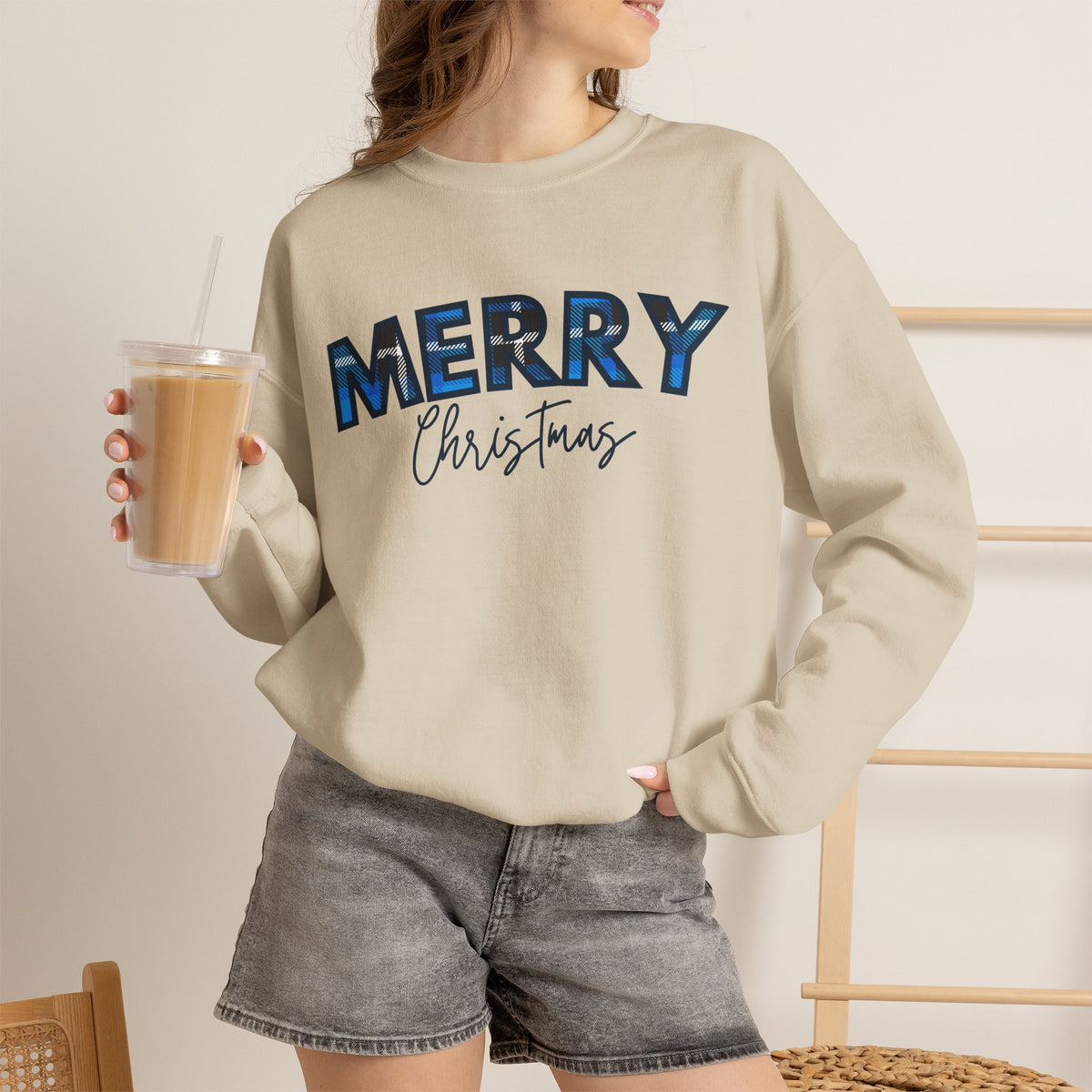 Merry Christmas Blue Plaid Sweatshirt | Buffalo Check Christmas Shirt | Winter Holiday Crewneck | Xmas Gift for Her | Cozy Christmas Top