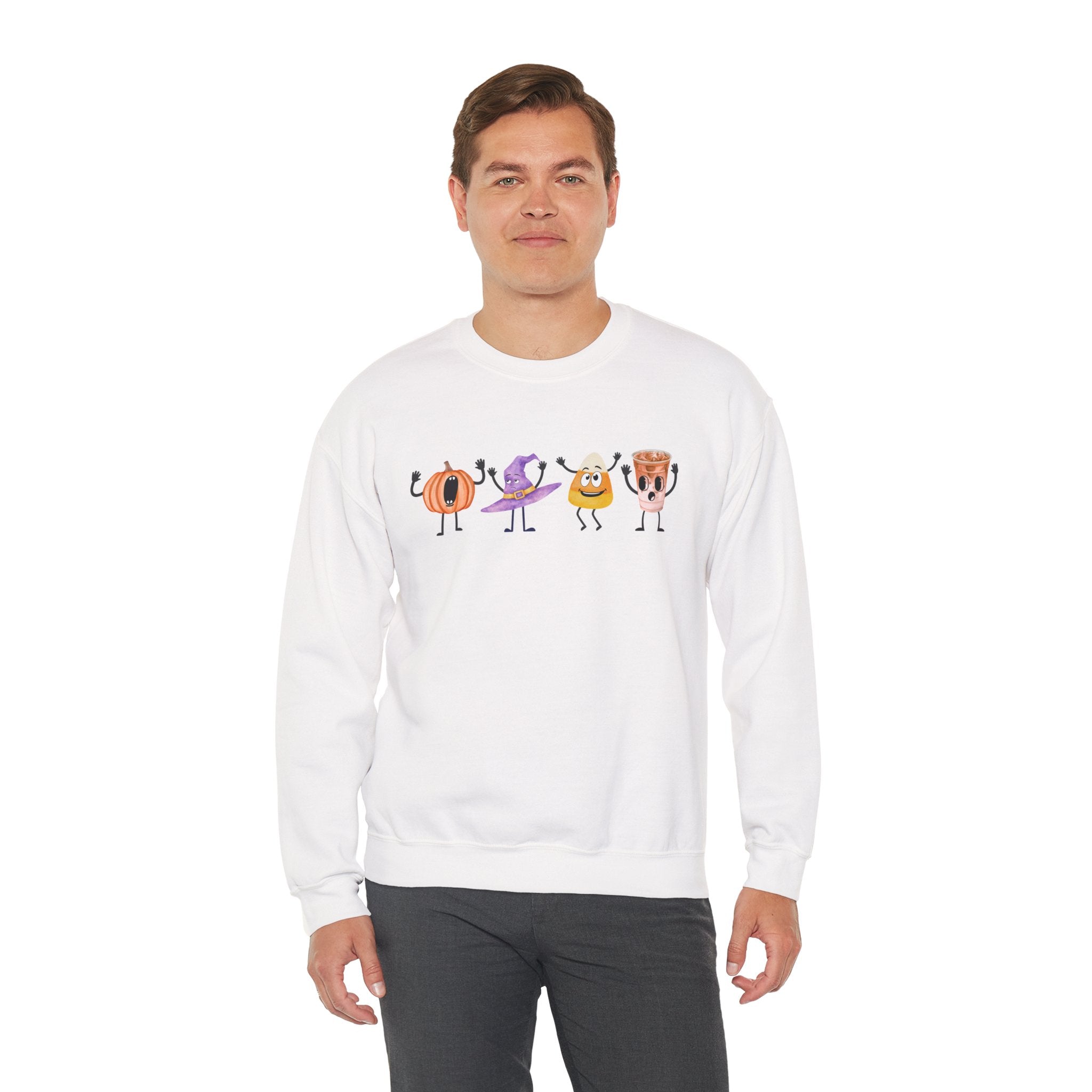 Halloween Sweatshirt Women Dancing Pumpkin Candy Corn Witch Hat Iced Coffee Crewneck Fall Fun Cute Halloween Party Shirt Gift