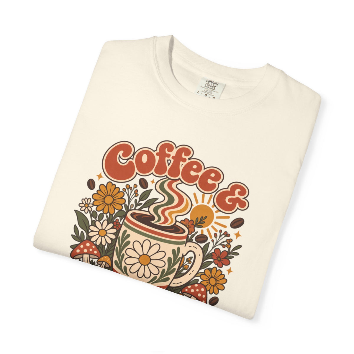 Comfort Color Retro-style Coffee & Chaos graphic T-Shirt featuring a floral coffee mug, cottagecore-inspired gift for coffee lovers